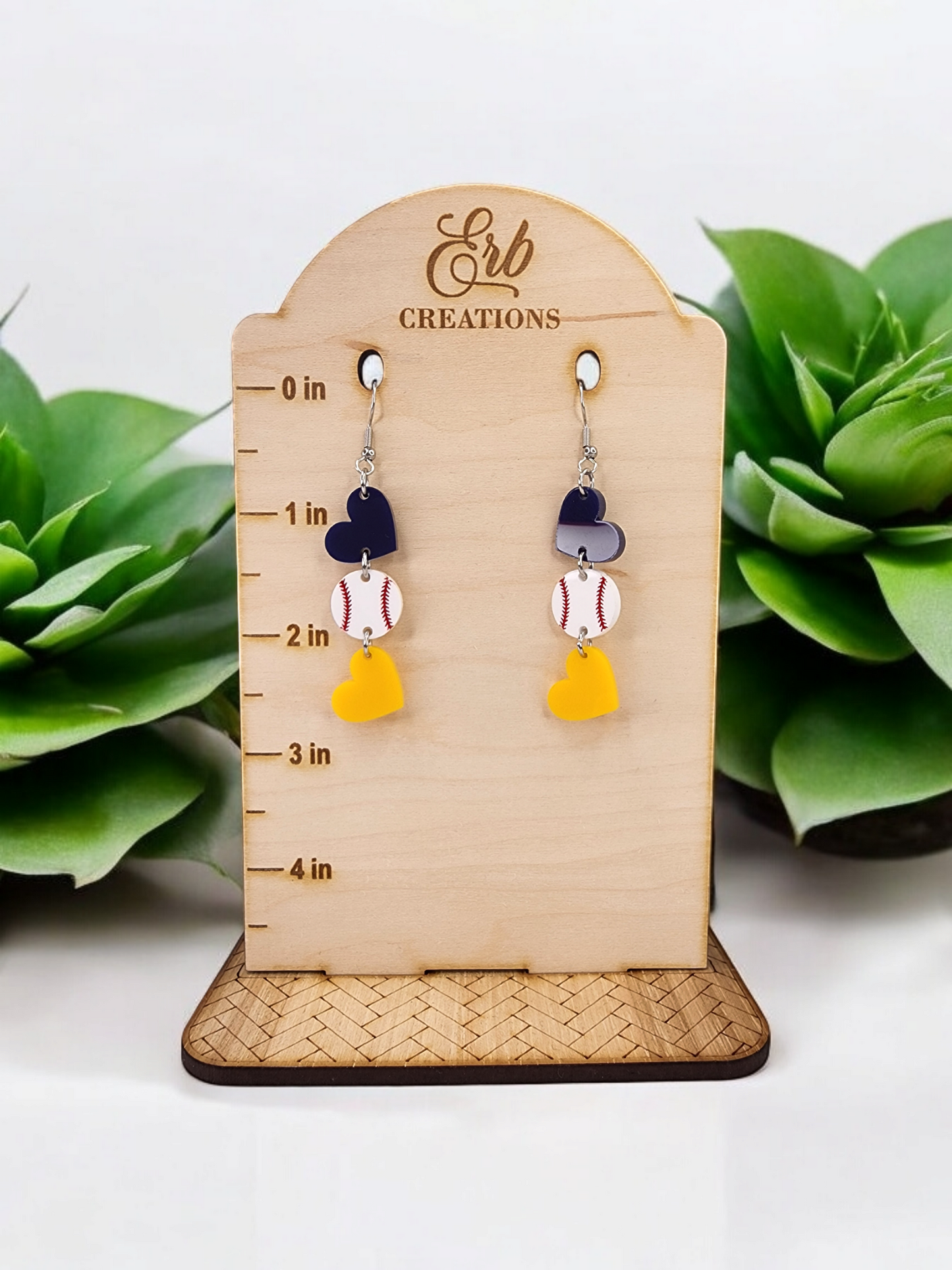Blue & Gold Baseball Hearts Earrings