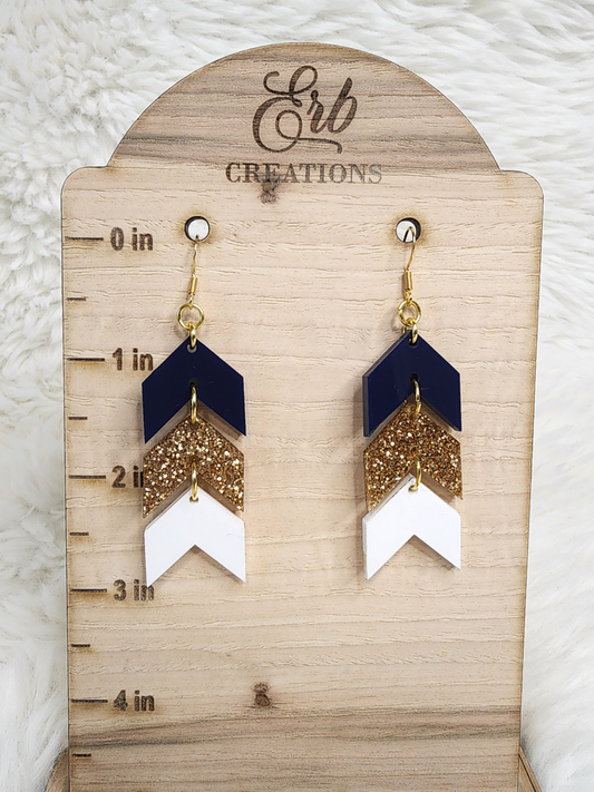 Dangle Chevron Earrings Blue Gold White