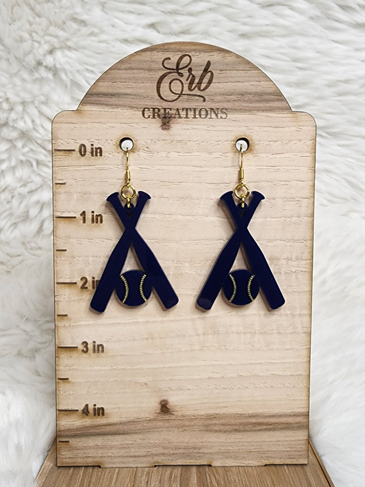 Crossed Bats and Ball Earrings Navy and Gold