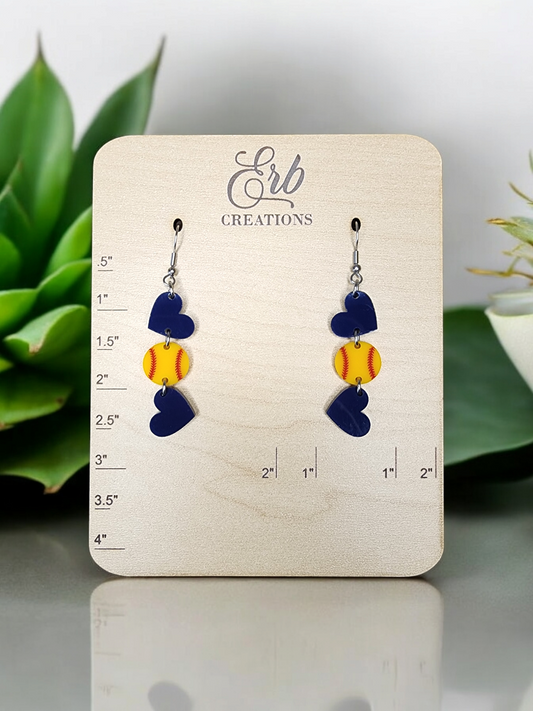 Blue & Gold Hearts Softball Earrings